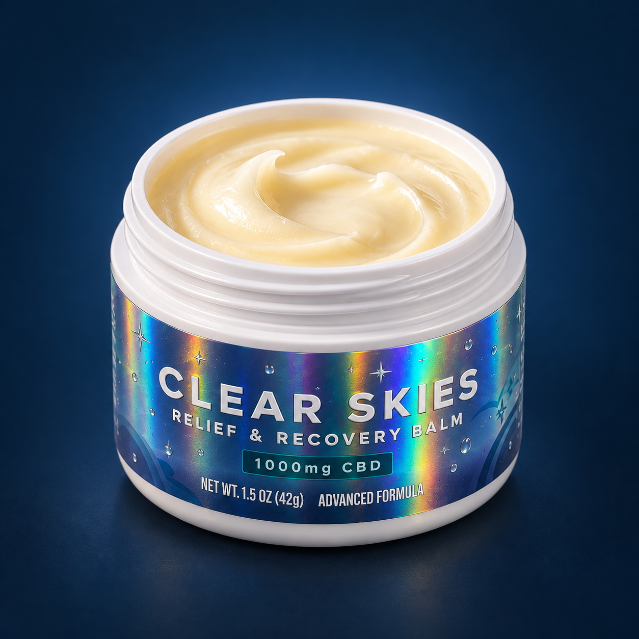 Open Clear Skies Relief & Recovery Balm jar showing the pale salve